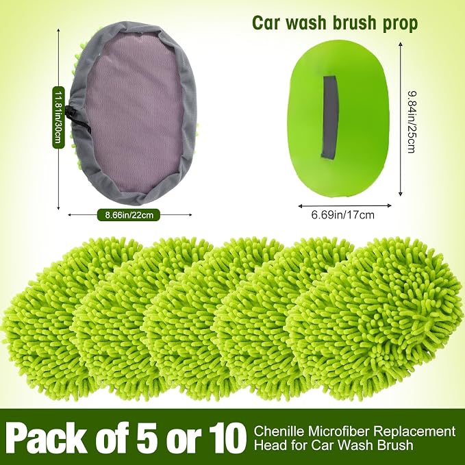 Tallew 5 Pcs Car Wash Mitt Kit, Car Clean Brush Not Included, Microfiber Mitt Clean Detail Cleaning Tools Truck Washing Chenille Scratch Replacement Kit for Auto RV Pickup Bus (Green)
