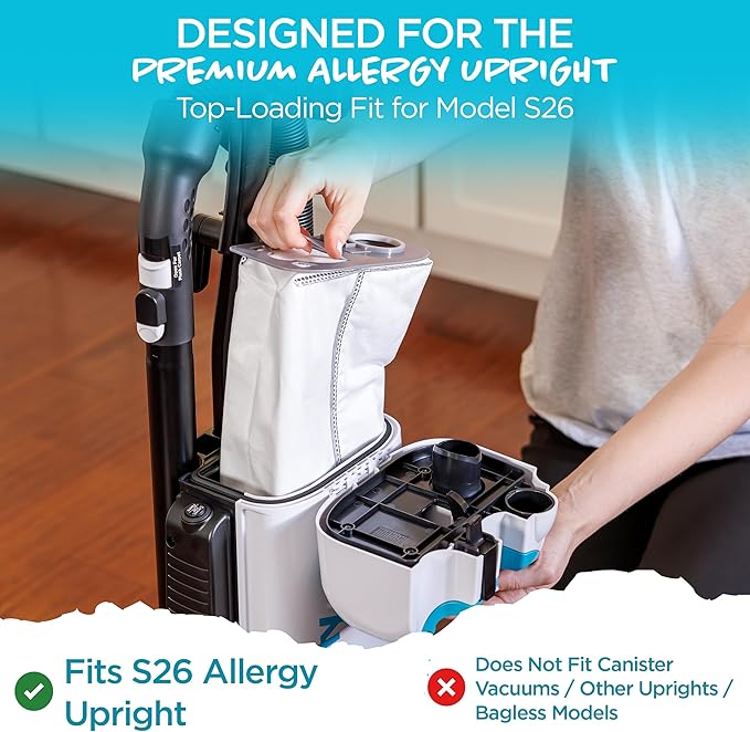 "Simplicity Vacuums Certfied HEPA Vacuum Cleaner Bags & Filter Media Set for (S26HC-6) S26 Premium Allergy Upright Vacuum, Charcoal-Infused Lining, 5-Layer Cloth Filtration, Self-Sealing, Pack of 6 "