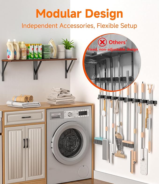 Broom Holder Wall Mount with Organizer Shelf, Space-Saving Broom and Mop Organizer Wall Hanging with 4 Broom Slots 5 Removable Hooks, Laundry Room Shelves for Laundry Room, Garage, Garden, Closet
