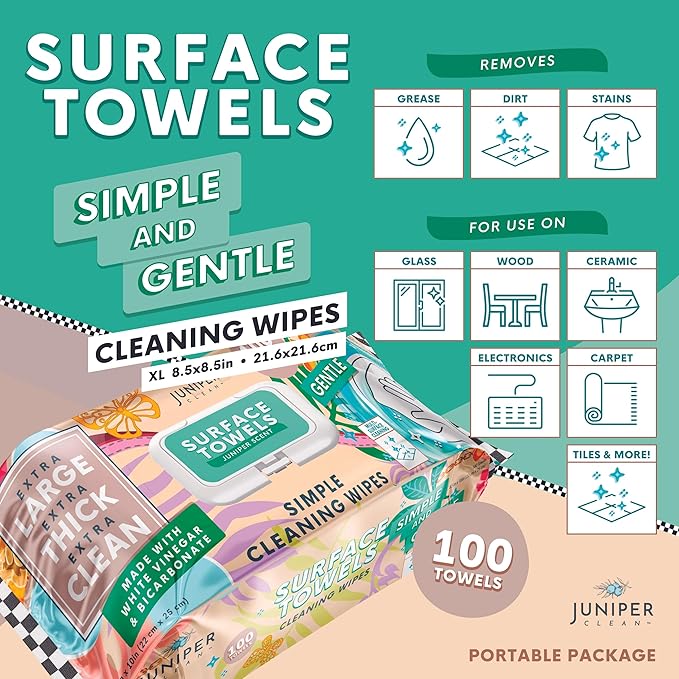 Juniper CLEAN 3 Packs Surface Cleaning Wipes Bleach Free, Thick & Large Dispose, All-Purpose Cleaner for Bathroom, Kitchen, Office, 300 Count Soft Flow, Biodegradable, Juniper Scent