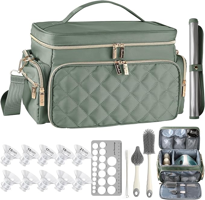 Breast Pump Bag Kit for Spectra S1/S2, Pumping Bag with Bottle Brush Set,10Pcs Flange Inserts for 24mm Flange, Nipple Ruler, Waterproof Mat, Pump Carrying Case for Work Travel, Sage Green