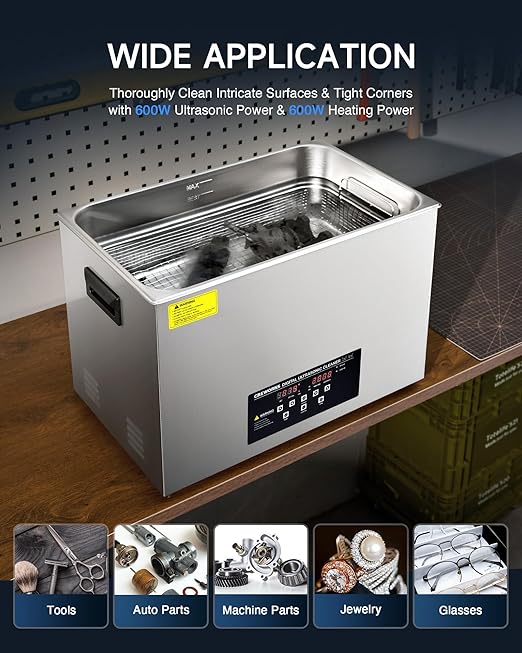CREWORKS 30L Digital Ultrasonic Cleaner with Degas Gentle Modes, 7.9 gal. Ultrasonic Cleaning Machine, 600W Professional Ultrasound Cleaner with 600W Heater & 30 min Timer for Auto Machine Parts Tools