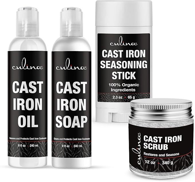 Culina Cast Iron Seasoning Stick & Soap & Oil Conditioner & Restoring Scrub | All Natural Ingredients | Best for Cleaning, Non-stick Cooking & Restoring | for Cast Iron Cookware, Skillets, Pans