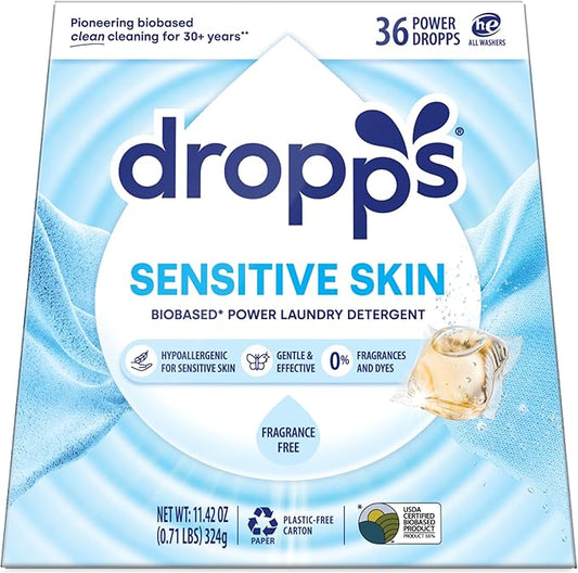 Dropps Sensitive Skin Laundry Detergent Pods, Unscented (36 Ct) - Hypoallergenic & Dermatologist Tested | Free & Clear | Laundry Pods for Sensitive Skin | Clean Ingredients | Plastic Free Packaging