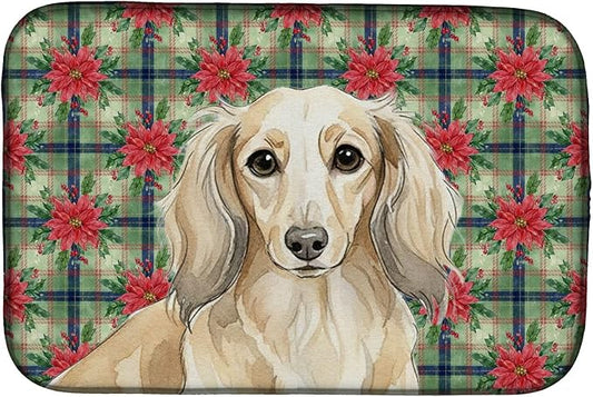 Caroline's Treasures Longhaired Cream Dachshund Christmas PoinsettIas Dish Drying Mat Absorbent Dish Drying Mat Pad for Kitchen Counter Dish Drainer Mat for Countertop, 14 x 21", Multicolor