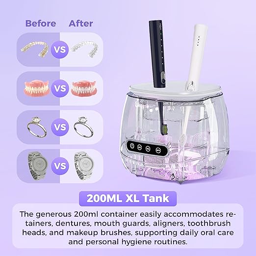 Ultrasonic Retainer Cleaner Machine, 45kHz Rechargeable Retainer Cleaner with 4 UV Lights, W200 Ultrasonic Cleaner for Retainers, Aligners, Mouth Guards, Night Guards & Dentures