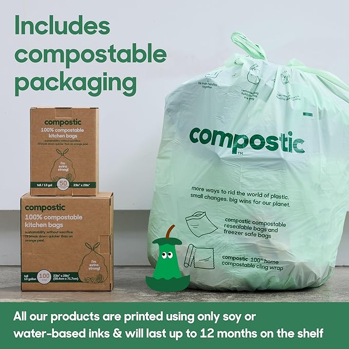 Compostic Compostable Trash Bags, 13 Gallon Tall Kitchen (50 Count) Starter Pack — Extra Strong, Home Compostable, Plant-Based, Non-Toxic, Unscented Garbage Bags