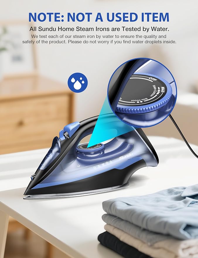 Sundu Steam Iron for Clothes with Rapid Heating Ceramic Coated Soleplate, 1500W with Precise Thermostat Dial, Self-Cleaning, Auto-Off, 15.21oz Water Tank for Home Clothes Ironing Use Dark Blue