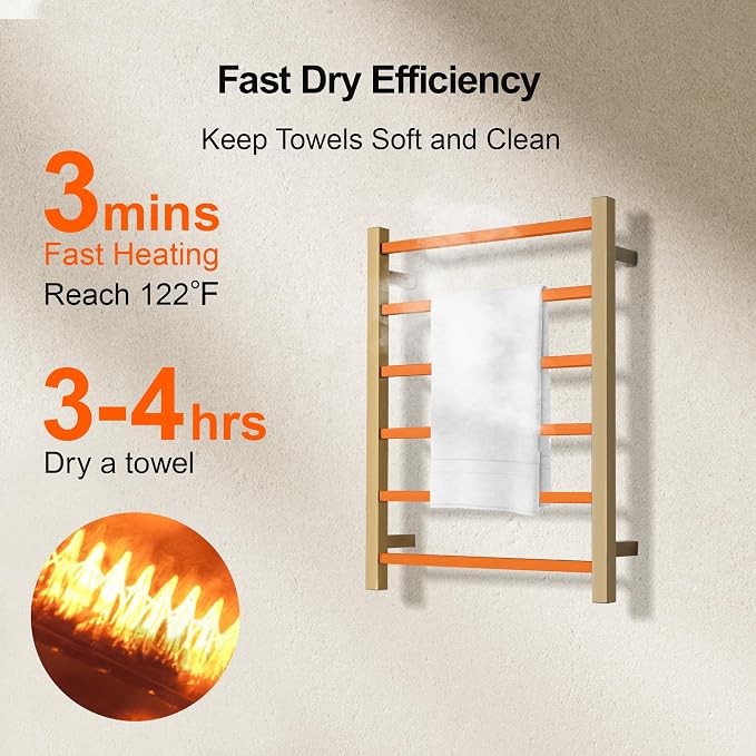 Electric Heated Towel Warmer - Wall Mounted Bathroom Towel Rack, Plug-in Design & Brushed Stainless Steel 6 Bar Gold with Single Press