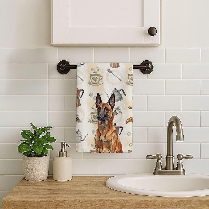 Caroline's Treasures Mahogany Belgian Malinois Coffee Bar Kitchen Towel Velour Plush Front and Cotton Loop Back Machine Washable