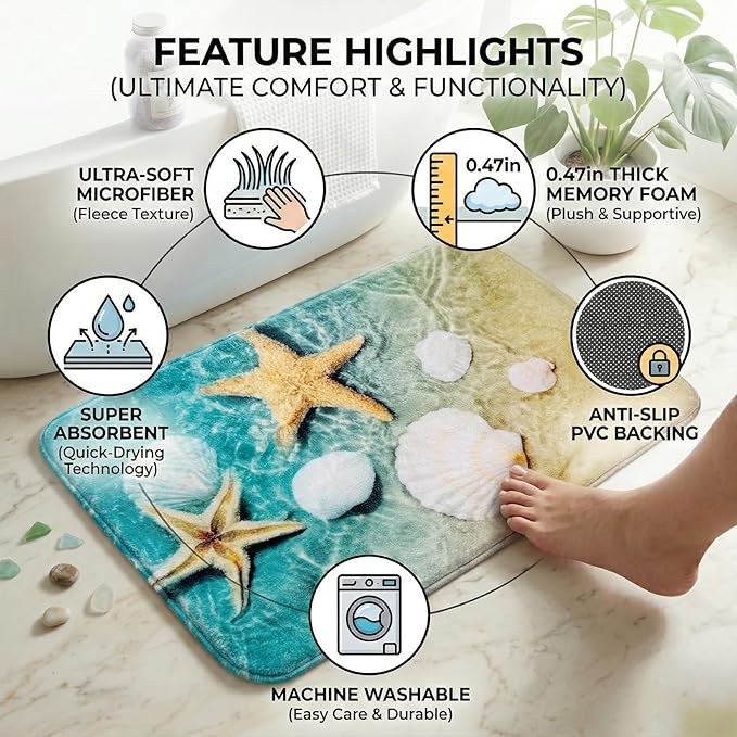 WODEJIA Bathroom Anti-Slip Foam Carpet,Durable Flannel Mat 3D Print Rug for Living Room, Absorbent Water Clearance MatS for Forlaundry Room and Kitchen, Beach Starfish Scallop Carpt 30x18 Inches