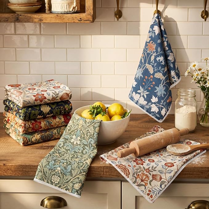 Hahafelt 6 Pack William Morris Floral Kitchen Towels Absorbent Cotton Retro Vintage Flowers Towels 18 x 28 Inch Decorative Hand Tea Towel for Baking Cleaning Housewarming Party Supply (William Morris)