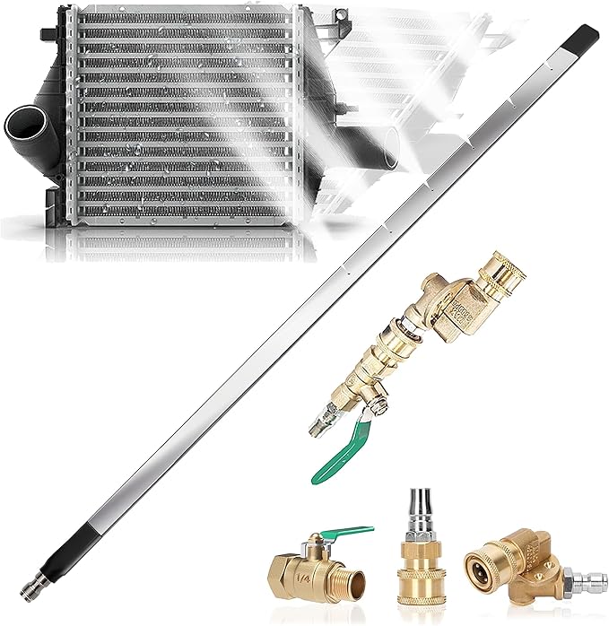 24 Inch Radiator Cleaning Wand, 4500 PSI Stainless Steel Radiator Cleaner Wand with Quick Connector, Dual Water & Air Blow Gun Adapter for Trucks, RVs, Heavy Equipment Pressure Washer