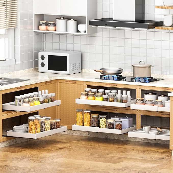 4 Pack Pull Out Cabinet Organizer Expandable,Adjustable 12-21 Inch Width Slide Out Drawer Shelves,Painted Carbon Steel with Heightening Pad,No Drill,for Kitchen/Bathroom/Pantry/Under Sink/Laundry Room
