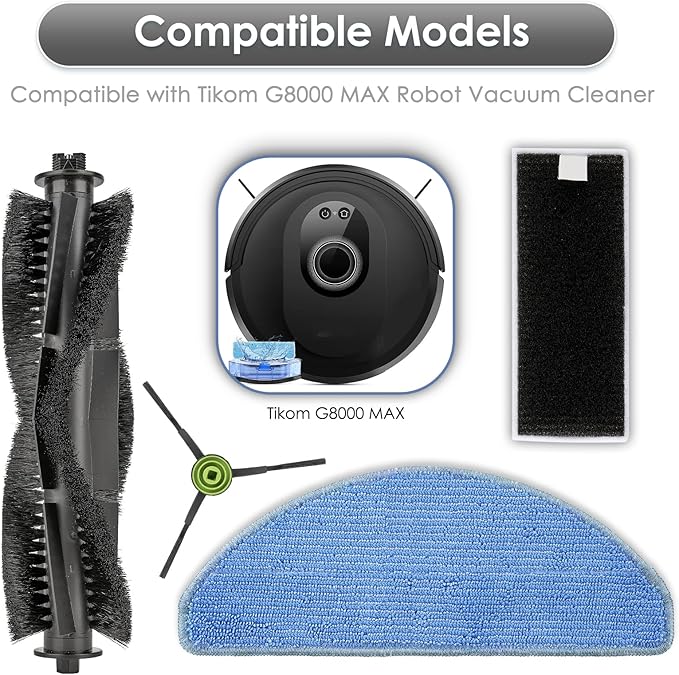 (27 Pack) G8000 MAX Replacement Parts Compatible with Tikom G8000 MAX Robot Vacuum Cleaner, 2 Roller Brushes, 10 Side Brushes, 10 HEPA Filters, 5 Mop Pads, Accessories Kit