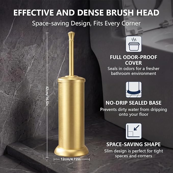 Toilet Brush and Holder Set,304 Stainless Steel Heavy Duty Toilet Brush,Extra Long Handle Toilet Bowl Brush and Holder for Bathroom,Durable,Deep Cleaning,Extra Dense Bristles (Gold)