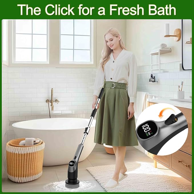 Electric Spin Scrubber, Shower Scrubber with Long Handle Adjustable LCD Display, 2 Speed Shower Cleaner, 7 Replaceable Brush Heads Bathroom Cleaning Brush, Bath Tub Power Scrubbers Black G3