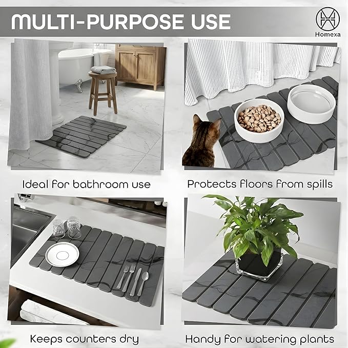 Stone Dish Drying Mat 24" x 16" – Dish Drying Stone – Large Diatomaceous Earth Drying Mat with Non-Slip Base – Quick Dry Kitchen & Bathroom Drying Pad for Dishes Marbled Dark Grey)