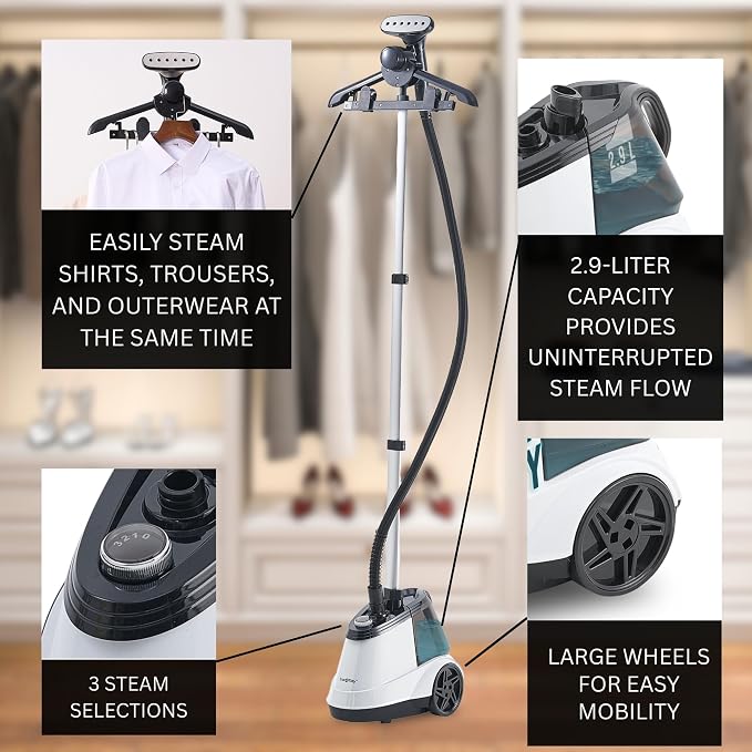 True & Tidy® Pro Commercial Garment Steamer with Extra Large 3L (101 oz) water tank, Heavy Duty with 3 Steam Settings, Aluminum Steam Plate, up to 90 mins