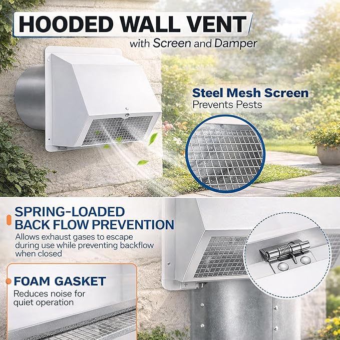 6 Vent Hood Wall Exhaust with Damper 6 Inch Hooded Wall Vent Cover with Screen and Damper, Galvanized Steel Dryer Vent Cover for Range Hood Kitchen Air Ventilation