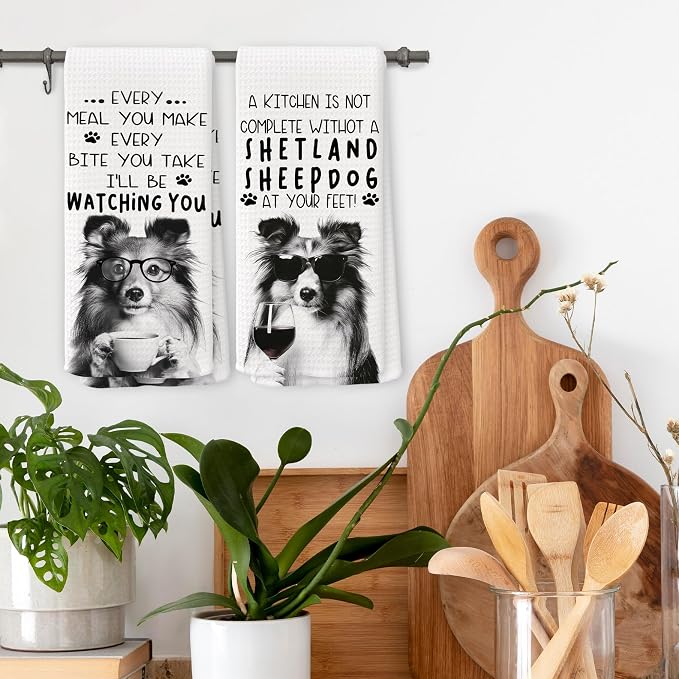 Funny Shetland Sheepdog Dog Kitchen Towels 16x24 Inch Set of 2 | Shetland Sheepdog Lovers Gifts for Women Men Dish Tea Towels for Kitchen, Dog Lover Mom Dad Owner Gifts Decorative Hand Towel