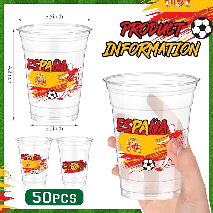 Jingmore 50 Pcs Soccer Plastic Cups 12 oz International Countries Soccer Disposable Plastic Cups Thick Clear Drinkware for Sports Games Party Supplies (Espana)
