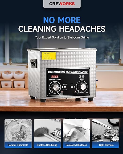 CREWORKS 10L Ultrasonic Cleaner with Heater and Timer, 240W Stainless Steel Ultrasonic Cleaner Machine with Degas & Gentle Modes, Ultrasonic Parts Cleaner with Knob Control for Machine Part Auto Tool