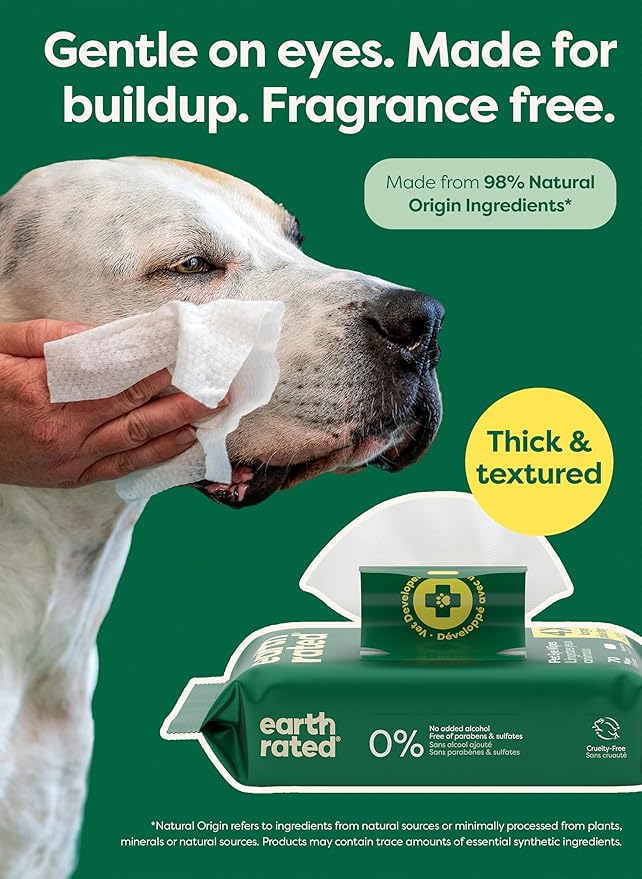 earth rated Vet-Developed Dog Eye Wipes, Hypoallergenic Pet Wipes for Dogs & Cats to Remove Dirt & Discharge, Fragrance Free, 70 Count