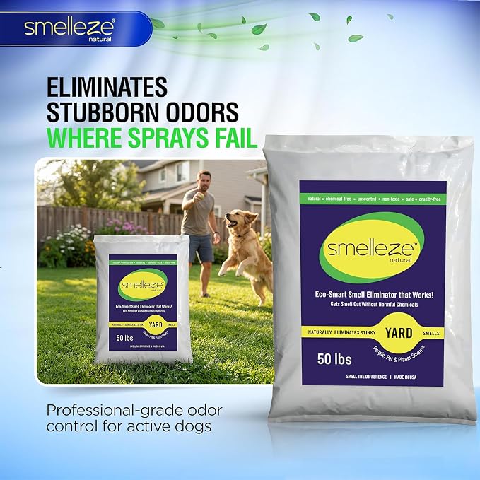 SMELLEZE 50 lb. Yard Odor Eliminator for Dogs – Long-Lasting Turf Cleaner for Pet Urine Outdoor & Poop | Safe for People, Pets, Plants & Planet | Works on Grass, Gravel, Patios & Kennels