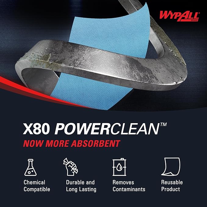 WypAll PowerClean X80 Cloths Heavy Duty Wipes (41043), Jumbo, Extended Use Towels, Blue (1 Roll of 455 Sheets, 455 Sheet Total)