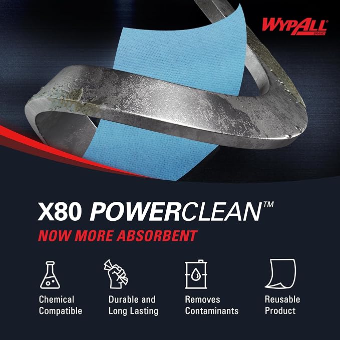 WypAll PowerClean X80 Cloths Heavy Duty Wipes (41041), Brag Box, Extended Use Towels, Blue (1 Pack of 152 Sheets, 152 Sheet Total)