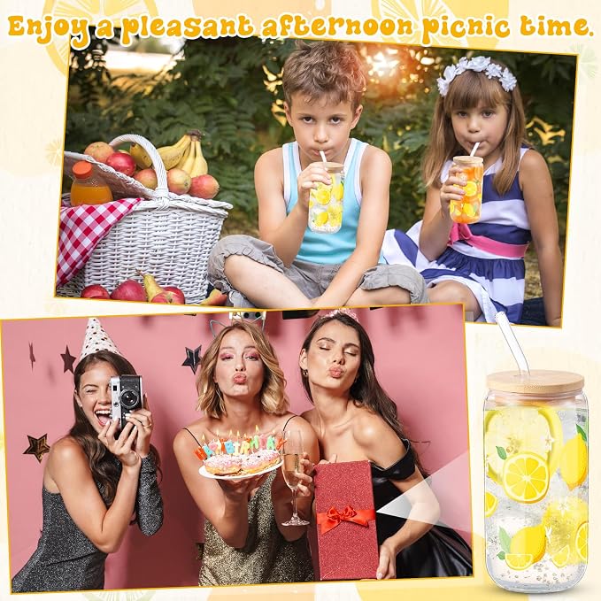 Sliner 2 Pcs Lemon Glass Cups Summer Drinking Tumbler 16 oz Iced Coffee Cup with Lid Straw Cleaning Brush Cute Beer Can Tumbler Holiday Gifts for Spring Summer Home Office Decorations