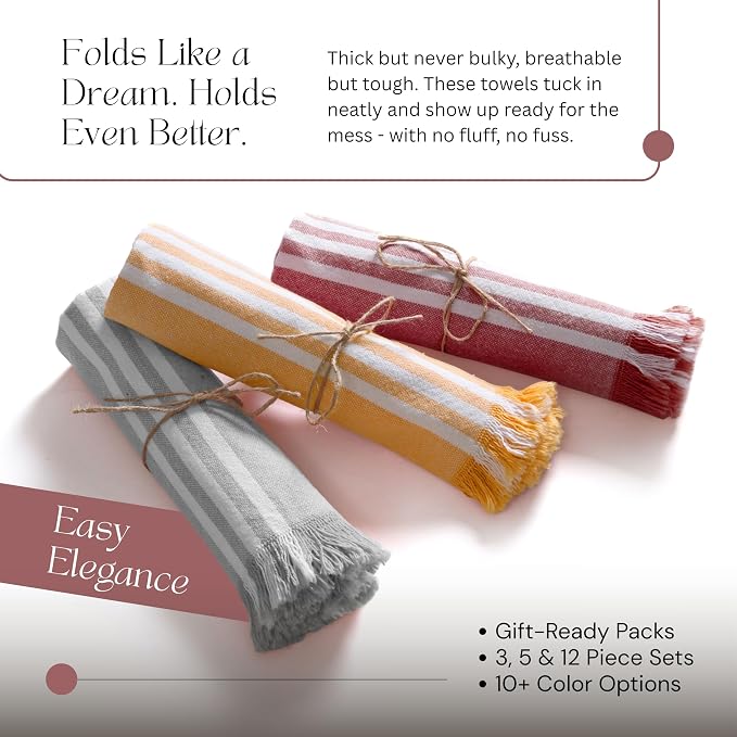 Multicolor Stripe Kitchen Towels 3 Pack, 16x26 Inch, 100% Cotton, Super Absorbent & Quick Dry, Durable, Fringed Dish Towel, Washable, Everyday Use, Light Grey, Mustard Yellow, Rust