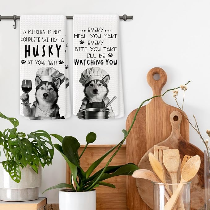 Funny Husky Dog Kitchen Towels 16x24 Inch Set of 2 | Husky Lovers Gifts for Women Men Dish Tea Towels for Kitchen, Dog Lover Mom Dad Owner Gifts Decorative Hand Towel