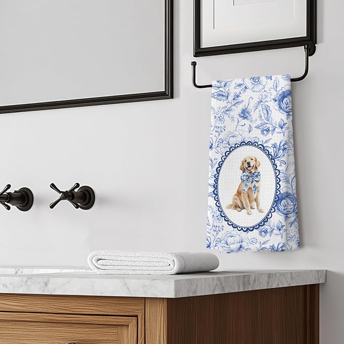 Chinoiserie Golden Retriever Gifts Kitchen Towels, Blue and White Floral Golden Retriever Decorative Dish Towels, Grandmillennial Botanical Dog Hand Towels for Kitchen Bathroom, 16x24 Inch