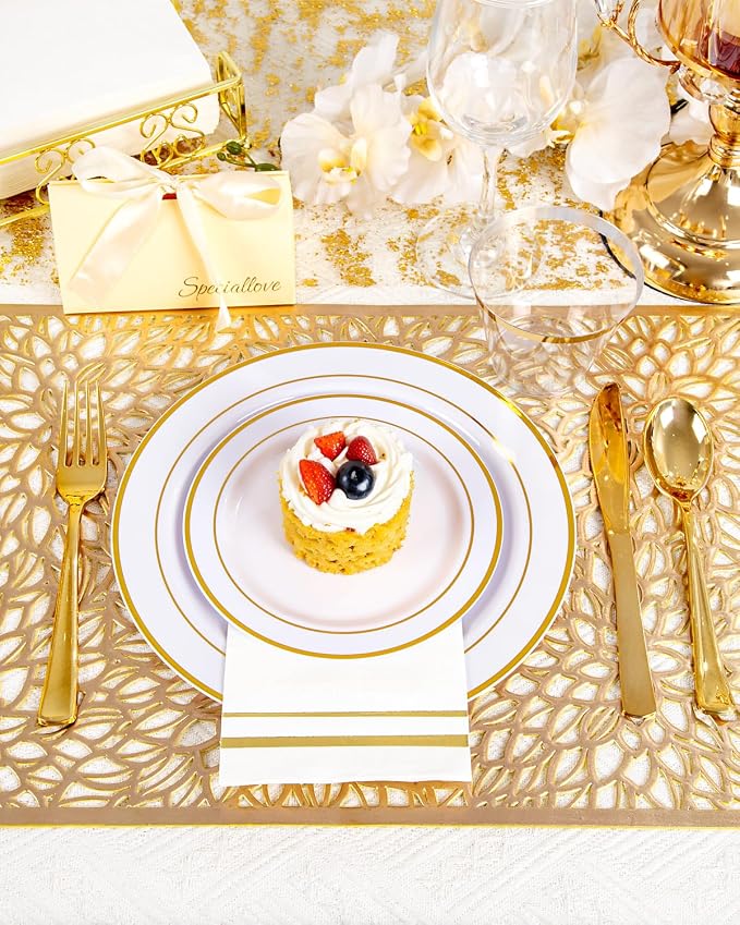 GATHER 350PCS Gold Plastic Plates - White and Gold Disposable Plastic Dinnerware Set Include 50 Dinner Plates, 50 Dessert Plate, 150 Silverware, 50 Napkins, 50 Cups for Party & Wedding