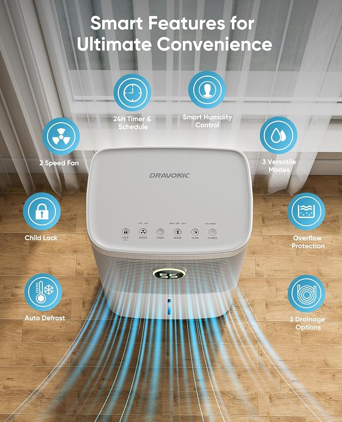 Dehumidifier for Basement & Large Room, Color Humidity Ring Light, Quiet for Home & Bedroom, Drain Hose Included, 3 Modes, Auto Humidity Control (Off-White, 2500 Sq.Ft)