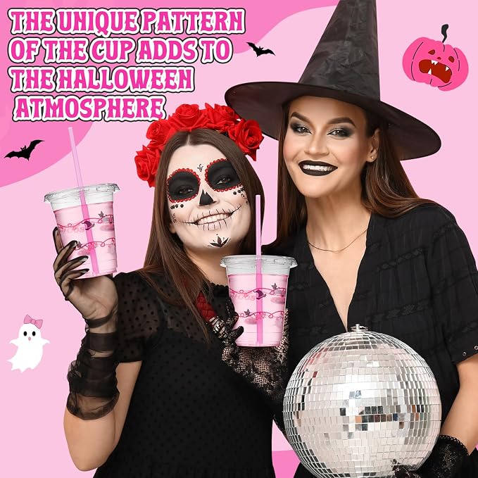 LemonRoad 50 Pcs 12oz Halloween Plastic Cups with Straws and Lids, Disposable Clear Party Cups Pumpkin Ghost Witch Drinking Set for Halloween Birthday Party Favors Supplies (Pink,Novel Style)
