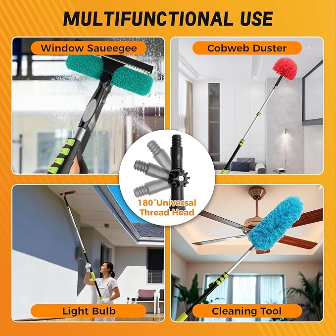3-12ft Telescopic Extension Pole,Multi-Purpose Extension Pole with 180° Universal Thread Head, Black Oxide Aluminum Extendable Pole with Flip-Lock, for Painting,Dusting,Window Cleaning
