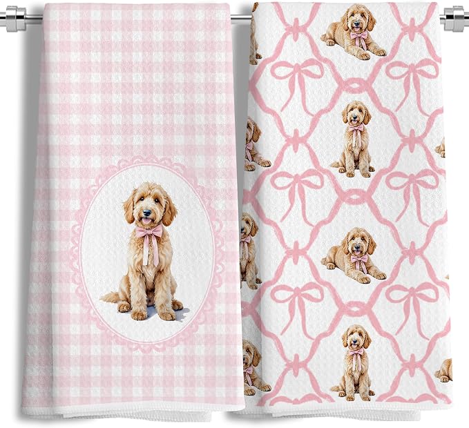 Coquette Pink Bow Goldendoodle Dog Kitchen Hand Towels for Bathroom, Golden Doodle Gifts for Women, Coquette Pink Goldendoodle Dog Girly Bathroom Kitchen Decor, 16x24 Inches Set of 2