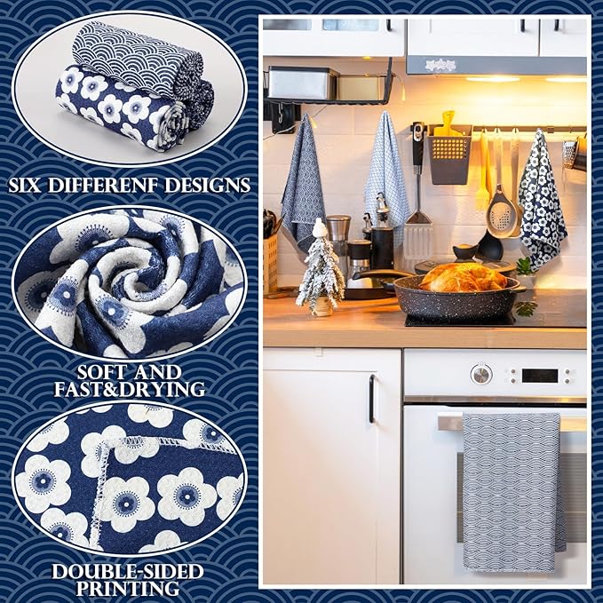 6 Pack Japanese Kitchen Tea Towels 18 x 30 Inch Blue Tenugui Traditional Towel Quick Dry Microfiber Dish Towels Modern Geometric Checkered Floral Hand Towel Home Decor Housewarming Gift for Women Men