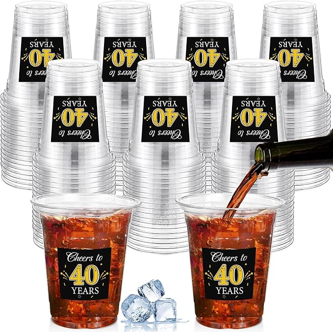 Funnymoom 100 Pack 40th Birthday Cup 12 oz Cheers to 40 Years Happy Birthday Disposable Clear Plastic Cups for Him Men Women Wedding Anniversary Decorations Party Favors