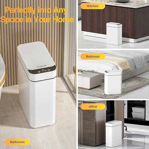 4 Gallon Bathroom Smart Touchless Trash Can for Kitchen Automatic Motion Sensor Rubbish Can with Lid Waterproof Narrow Small Garbage Bin for Kitchen, Toilet, Bedroom, RV(White,Battery)