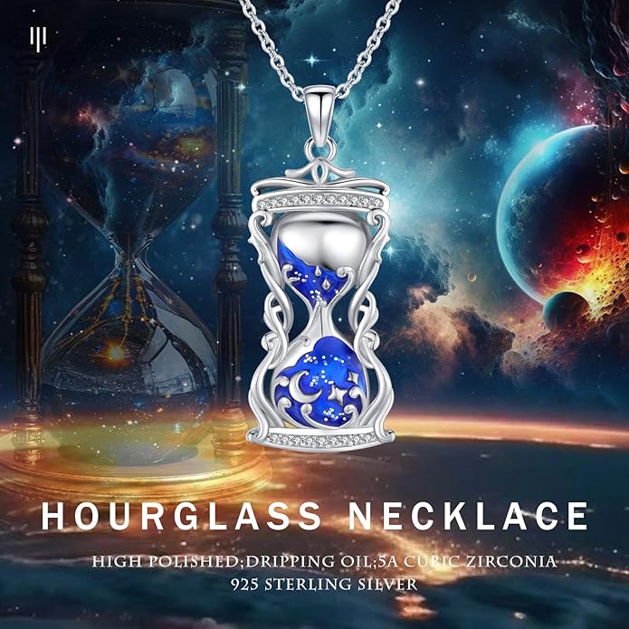 Hourglass Necklace 925 Sterling Silver Sun Moon Star Time Hourglass Pendant Necklaces Blue Memorial Jewelry for Women With 18+2 In Chain