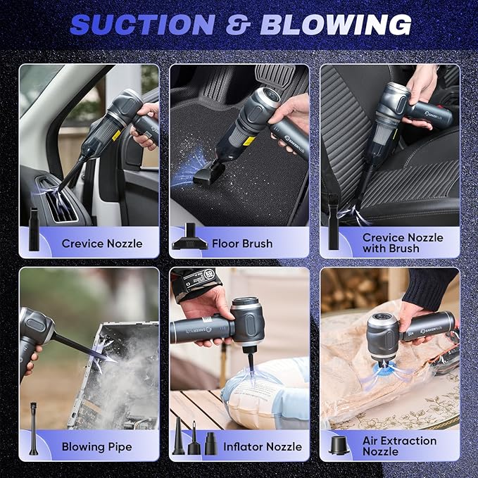 SakerPlus Car Vacuum Portable Cordless, 3-in-1 Hand Held Mini Vacuum Cleaner 17500PA High Power, Handheld Vacuum & Air Duster for Suction, Blowing, Inflating & Deflating, Ideal for Car Home Office