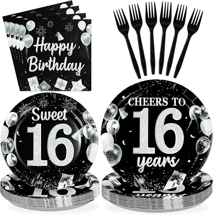 96Pcs 16th Black and Silver Birthday Party Supplies Cheers to 16 Years Plates and Napkins Disposable Sweet Black 16th Birthday Tableware Set for 16 Years Old Graduation Party Serves 24