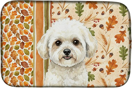 Caroline's Treasures White and Cream Bichon Frise Heirloom Fall Dish Drying Mat Absorbent Dish Drying Mat Pad for Kitchen Counter Dish Drainer Mat for Countertop, 14 x 21", Multicolor