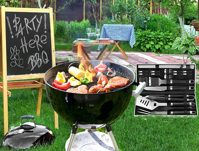POLIGO 22 PCS BBQ Grill Accessories Set in Aluminum Case Bundle with 2 Different Types Safe Grill Brush and Scraper for All Barbecue Grills - Ideal Birthday Christmas BBQ Set Gifts for Men Dad
