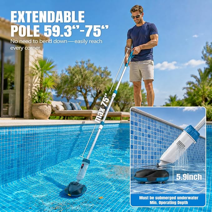 18.5 GPM Suction Pool Vacuum for Above Ground Pool,Hot Tubs,Spas | Telescopic Pole Up To 75'', 1.4L Debris Capacity, 60 Min Runtime, Filter Net*2, Cordless Pool Vacuum