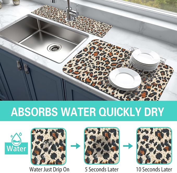 Dish Drying Mat for Kitchen Counter Matt, 2PCS 23"x15" Dish Drainer Mat & 24"x5.5" Sink Splash Guard, Super Absorbent Non-slip Rubber Backed